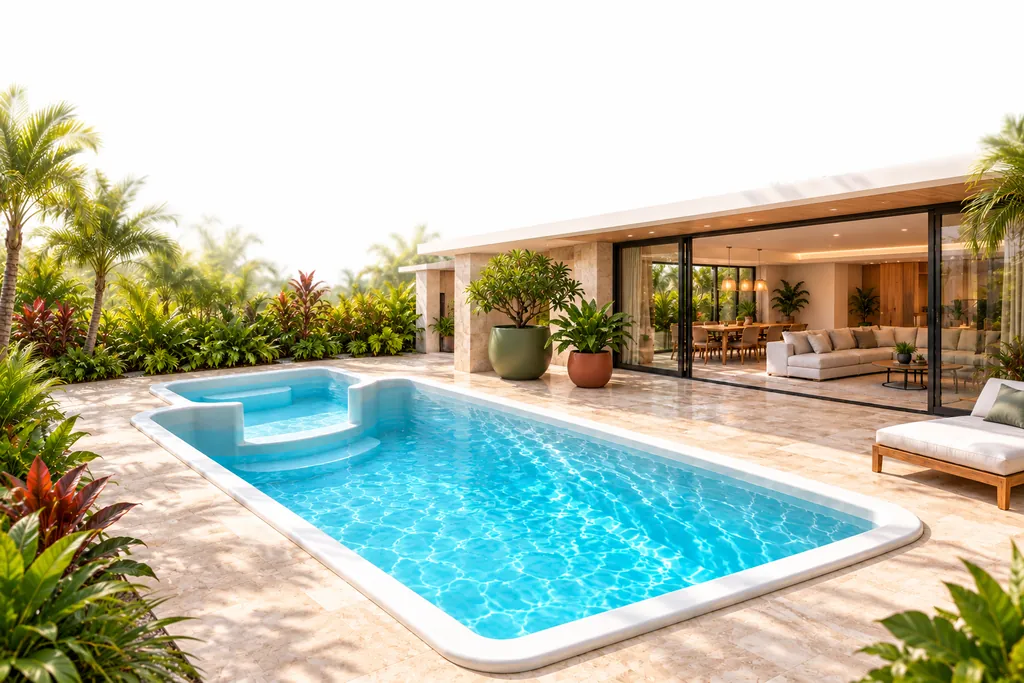 Render en perspectiva de la piscina 6 × 3 junto a una casa con ventanales y macetas